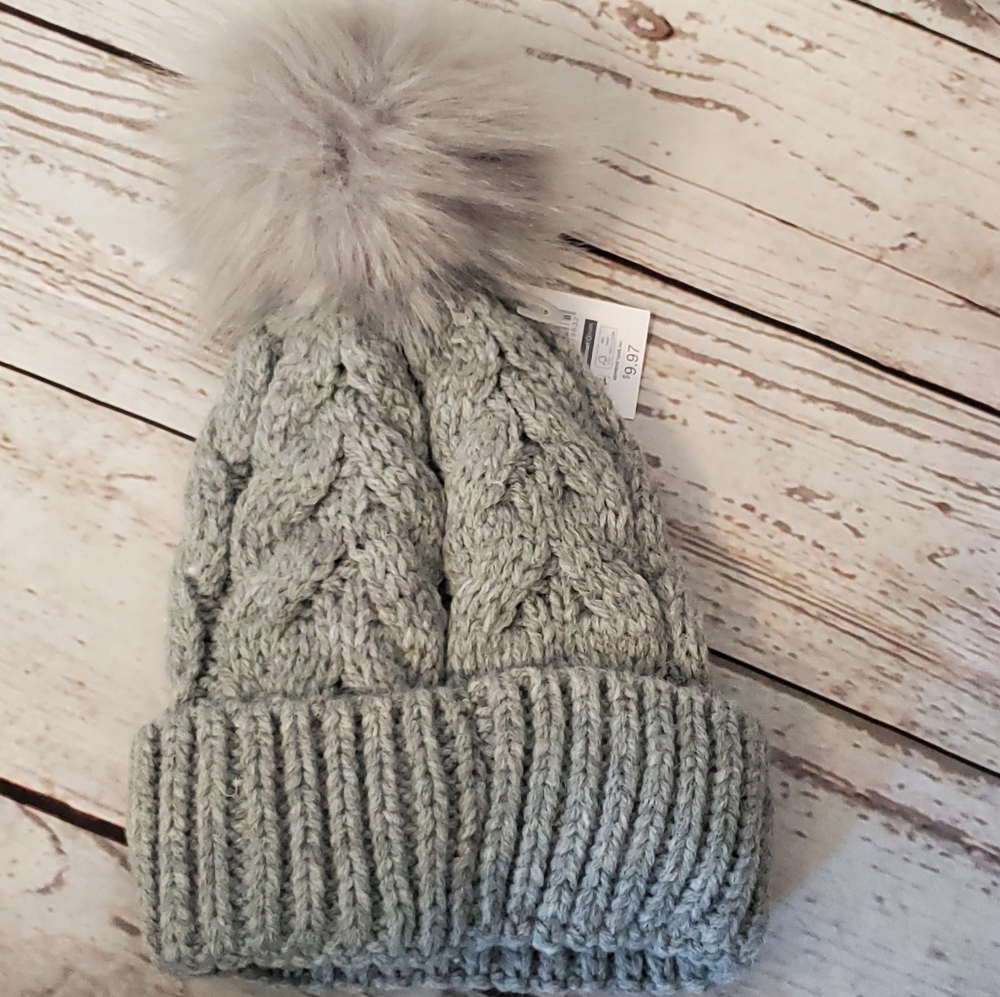 Time and Tru women's Repreve recycled materials pom pom beanie grey